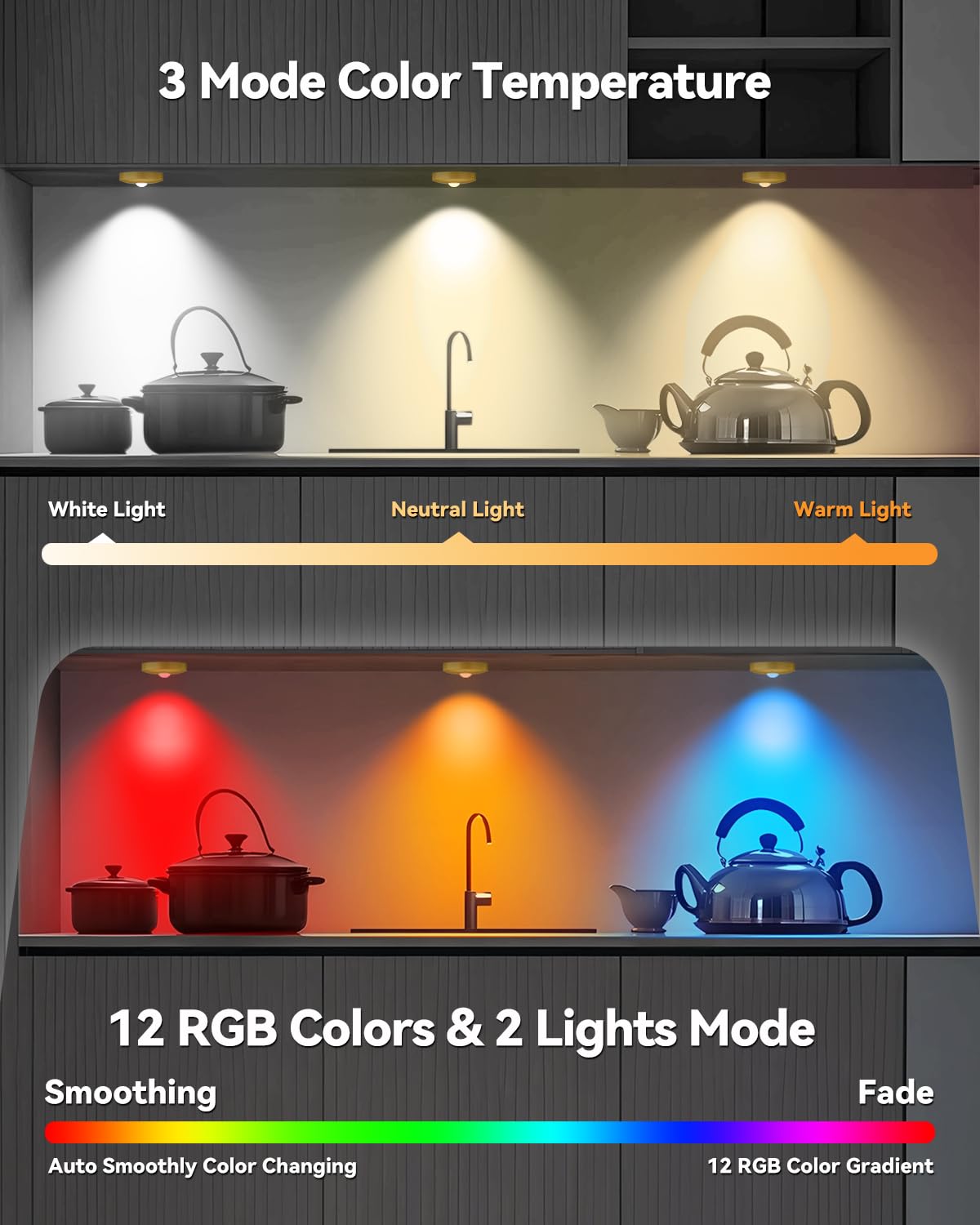 Aokpsrt Rechargeable RGB Puck Lights, Dimmable & Timer, 3 Packs, Gold, Battery Operated, Remote Control, Plastic