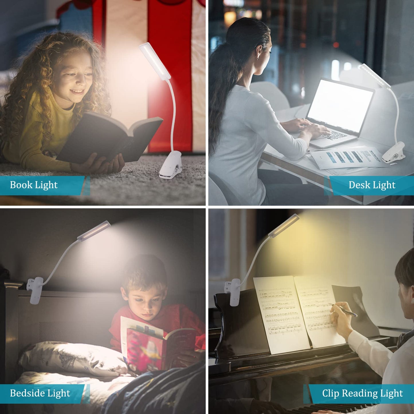 Deaunbr Led Reading Light With Clip, Usb Rechargeable, 24 Leds, Flexible Neck, White, Model Ws0030-00