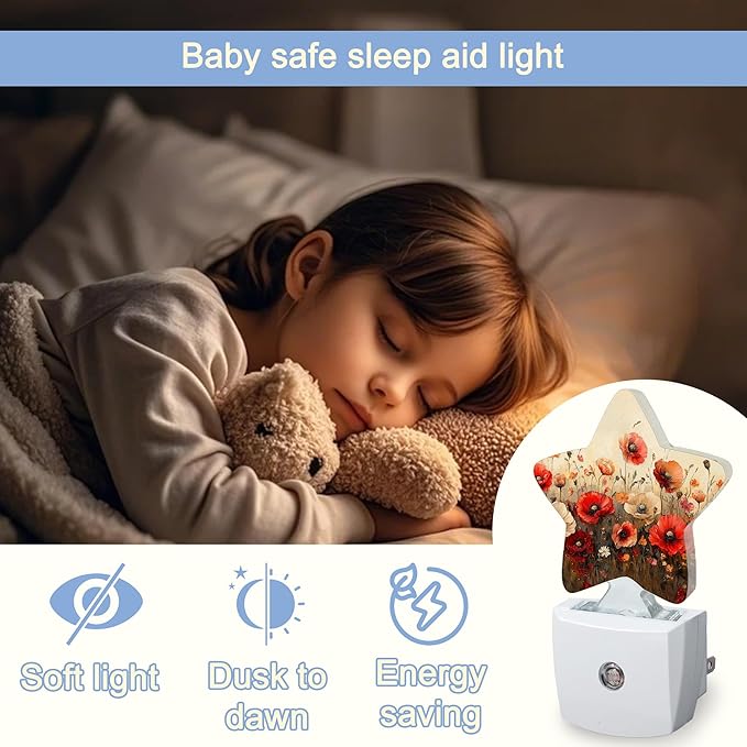 Night Light,Red Poppy Flower Plug into Wall with Dusk to Dawn Light Sensors,Vintage Floral Warm Star Nightlights for Bedroom,Bathroom,Hallway,Kitchen Home Decor Desk Lamp