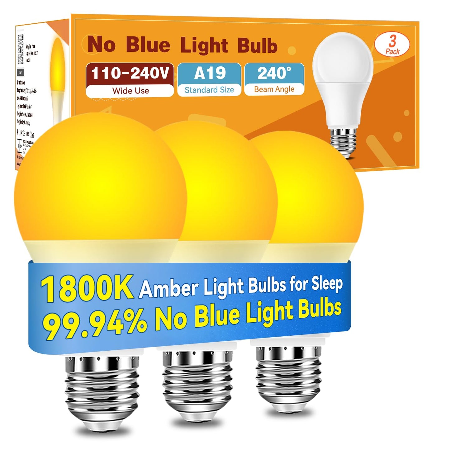 Neporal Amber Light Bulbs 9W, Soft Warm Sleep Light, 1800K, 3 Count, ABS Material