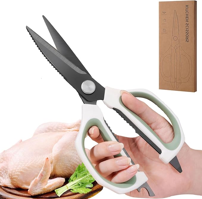 Jasni Transparent Handle Stainless Steel Sharp Powerful Kitchen Scissors Multi-Purpose Heavy Duty Food Scissors Kitchen Shears Chicken Poultry bone fish scales (Green white handle black blade)