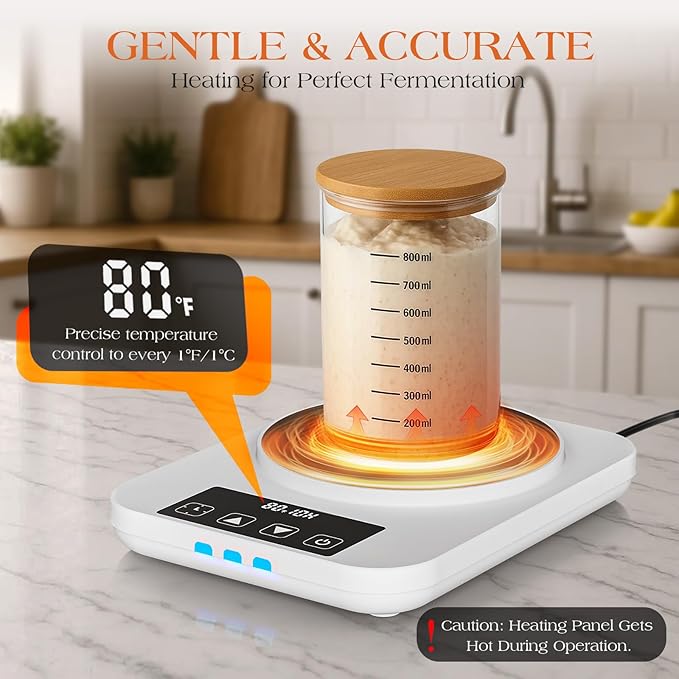 Sourdough Starter Warmer 2025 with Precise 1°F Control (70–100°F), Sourdough Warmer, 4.3" Heating Pad, 12H Auto Timer, USB Powered Fermentation Mat for Sourdough Jar, for Home Bread Baking