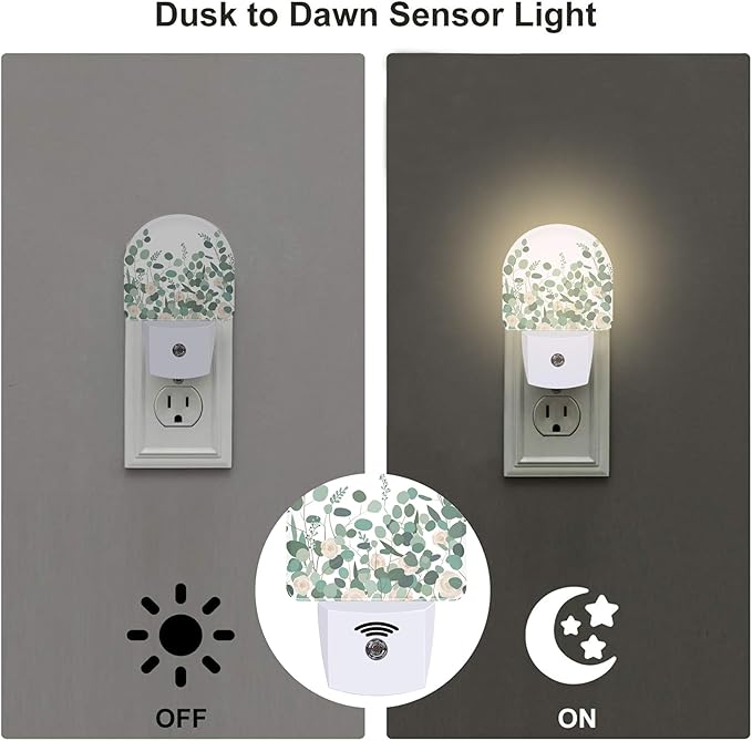Green Eucalyptus and Rose Flowers Night Light for Kids,Watercolor Botanical Floral Leaves Night Light Plug in with Dusk to Dawn Sensor,0.5w Energy Saving S Nightlight for Boys Girls Home Decor