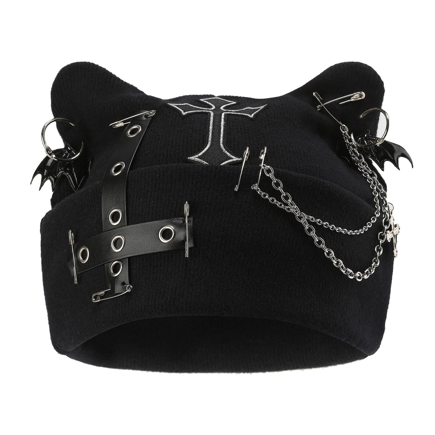 THESSNCE Goth Cat Beanie Goth Hat Accessories Punk Cat Ear Beanie Hat for Women Y2k Grunge Gothic Beanies Knitted Hat Streetwear Black