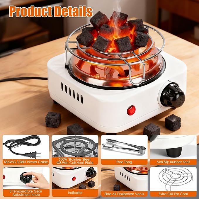 Electric Charcoal Burner Stove, 500W Hookah Single Coil Hot Plate Starter with Grill Tongs, 5-Level Temp, Smart Heat Control & Stainless Steel Fast Heating for Cooking top Countertop(White)
