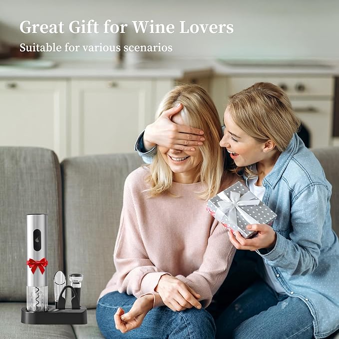 Electric Wine Opener Set by ELMWAY - Rechargeable Corkscrew Bottle Opener with Base/Wine Aerator Pourer/Foil Cutter/Wine Stopper/LED Light/Stainless Steel Shell, Gift for Wine Lover - Silver