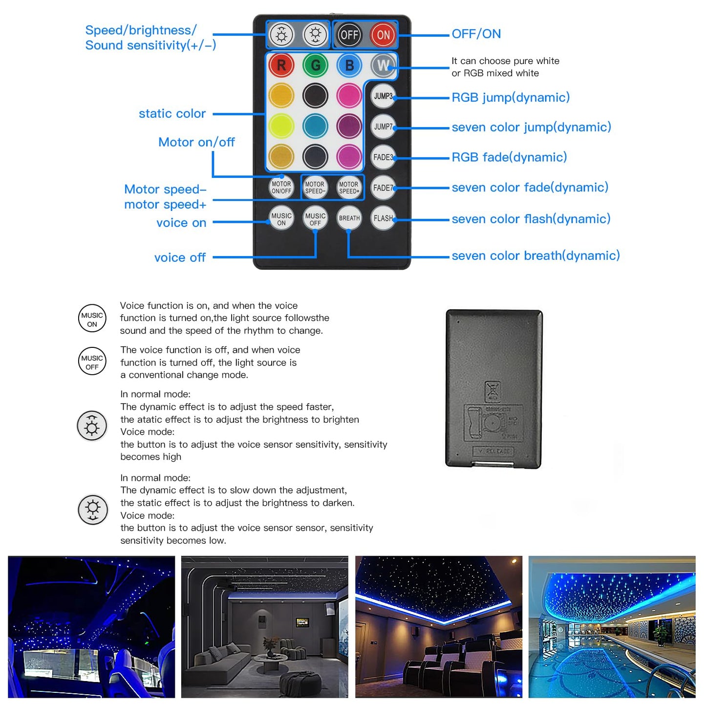 AZIMOM Fiber Optic Starlight Headliner Kit, 800pcs, 0.03in x 13.1ft, Sound Activated, Remote APP Control, Silver, Model C-