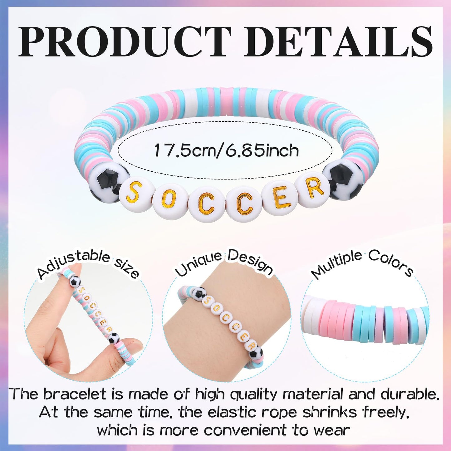 Trnayi 24 Pcs Soccer Bracelets Stackable Clay Beaded Bracelets Soccer Party Favors Beaded Ball Adjustable Clay Bracelet Jewelry