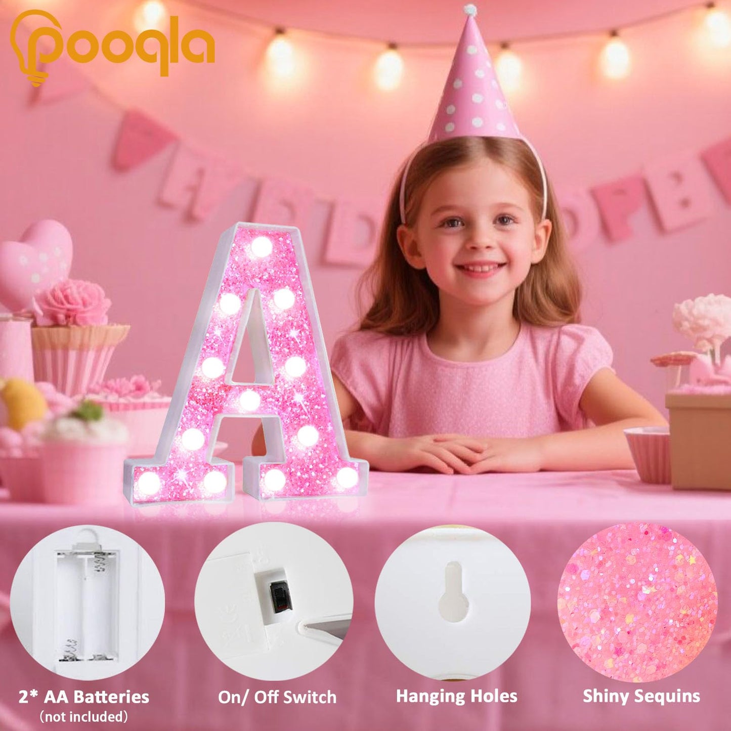 Pooqla Led Marquee Letter Lights  Light Up Letters For Birthday Decorations  Glitter Letter Sign Battery Powered Night Light Pink Party Wedding Christmas Girls Gift Bedroom Dorm Decor  Cool White N