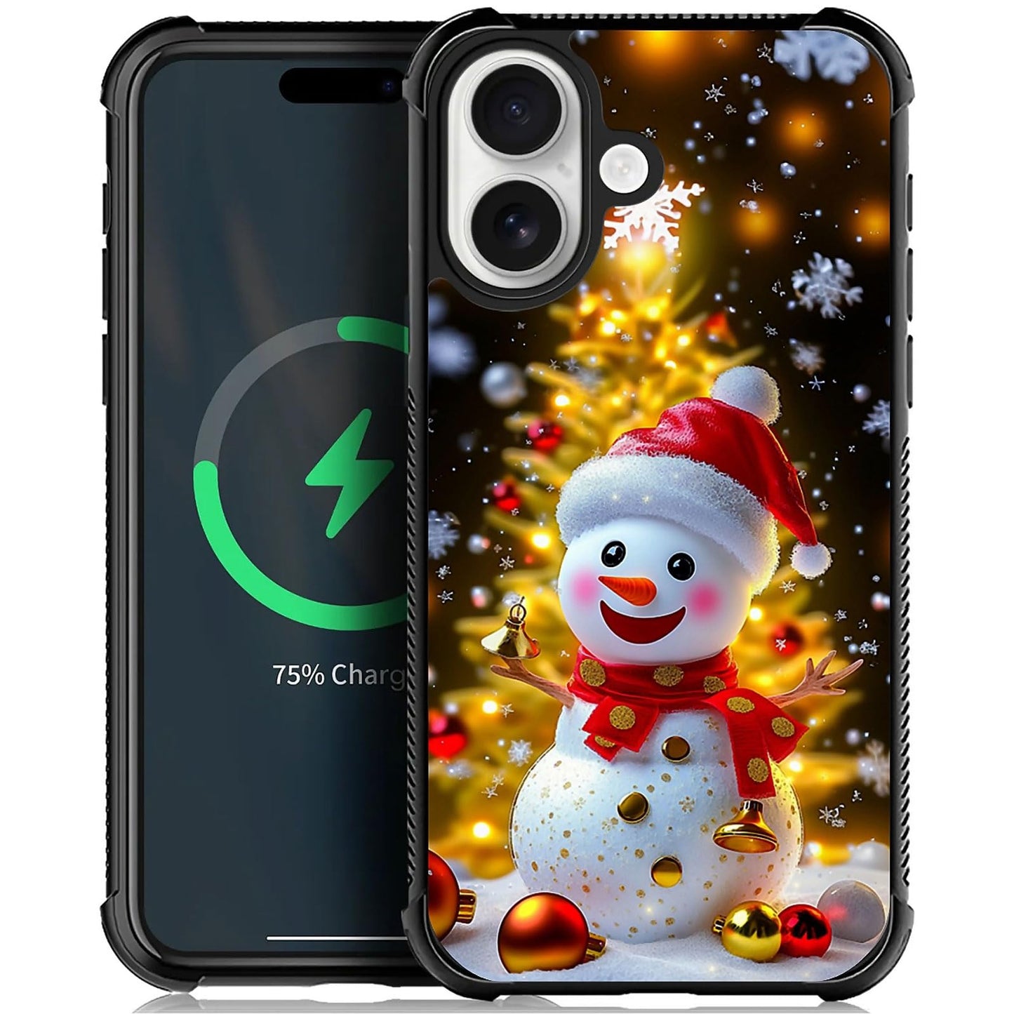 XUANWENPA for iPhone 16 Case,The Black Shell Design is Bright,Anti Drop and Dust-Proof,Christmas Golden Tree Snowman.