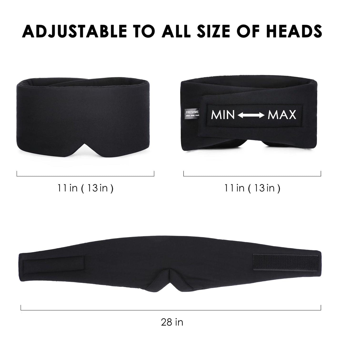 FRESHME Sleep Mask Blackout - Handmade Cotton Sleep Mask for Women Men Eye Mask for Sleeping Black Soft Eye Cover for Sleeping with Adjustable Veclro Breathable Eye Blindfold for Night Nap Travel