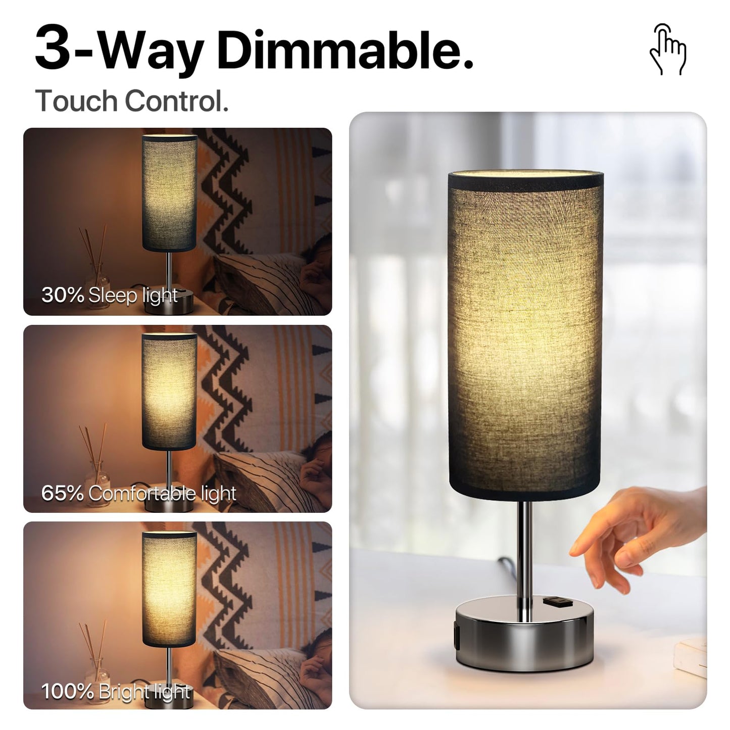 KPQ Touch Control Table Lamp with USB Ports, 3-Way Dimmable, 14in Small Size, Black Shade-Silver Base