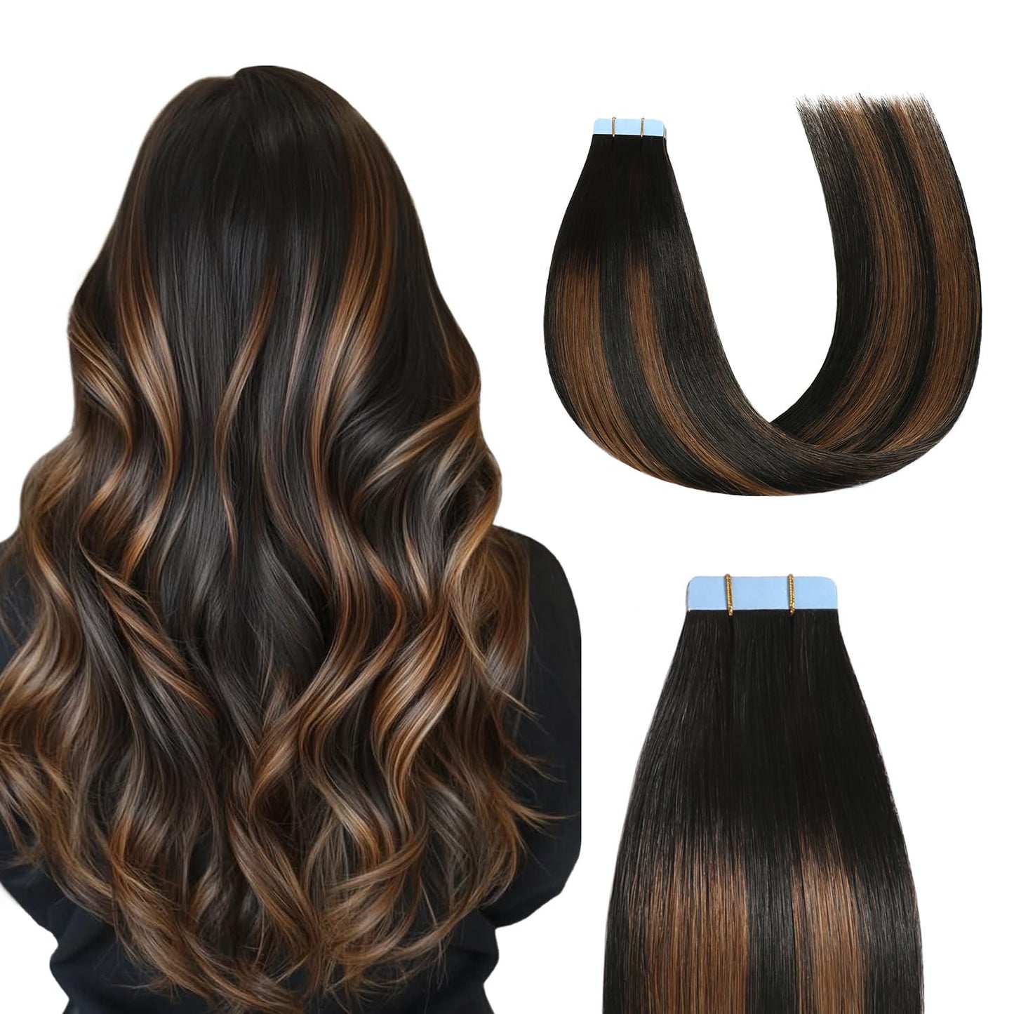 Sunya Tape in Hair Extensions Human Hair Balayage Natural Black to Chestnut Brown 16 Inch 40g/pack 20pcs Straight Seamless Skin