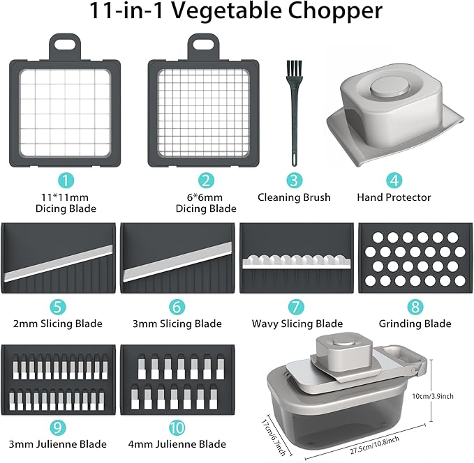 11-in-1 Vegetable Chopper for Kitchen, Food Chopper with Container, Mandoline Slicer Onion Dicer, Veggie Cutter for Fruit Salad Kitchen Gadgets Essential Tools (Grey)