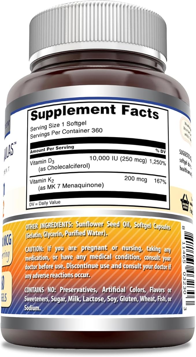 Amazing Formulas Vitamin D3 10000 IU with Vitamin K2 200 Mcg | D3 + K2 Complex Supplement | Non-GMO | Gluten-Free | Made in USA (1 Pack, 360 Count)