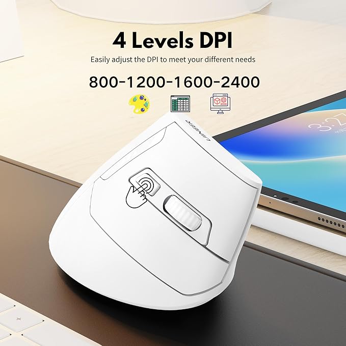 Uineer Vertical Mouse Wireless, 2.4G Rechargeable Mouse with Battery Indicator,4 Level DPI,Ergonomic Design for Comfort and Reduced Wrist Strain, Ideal for Home,Office Use (White)