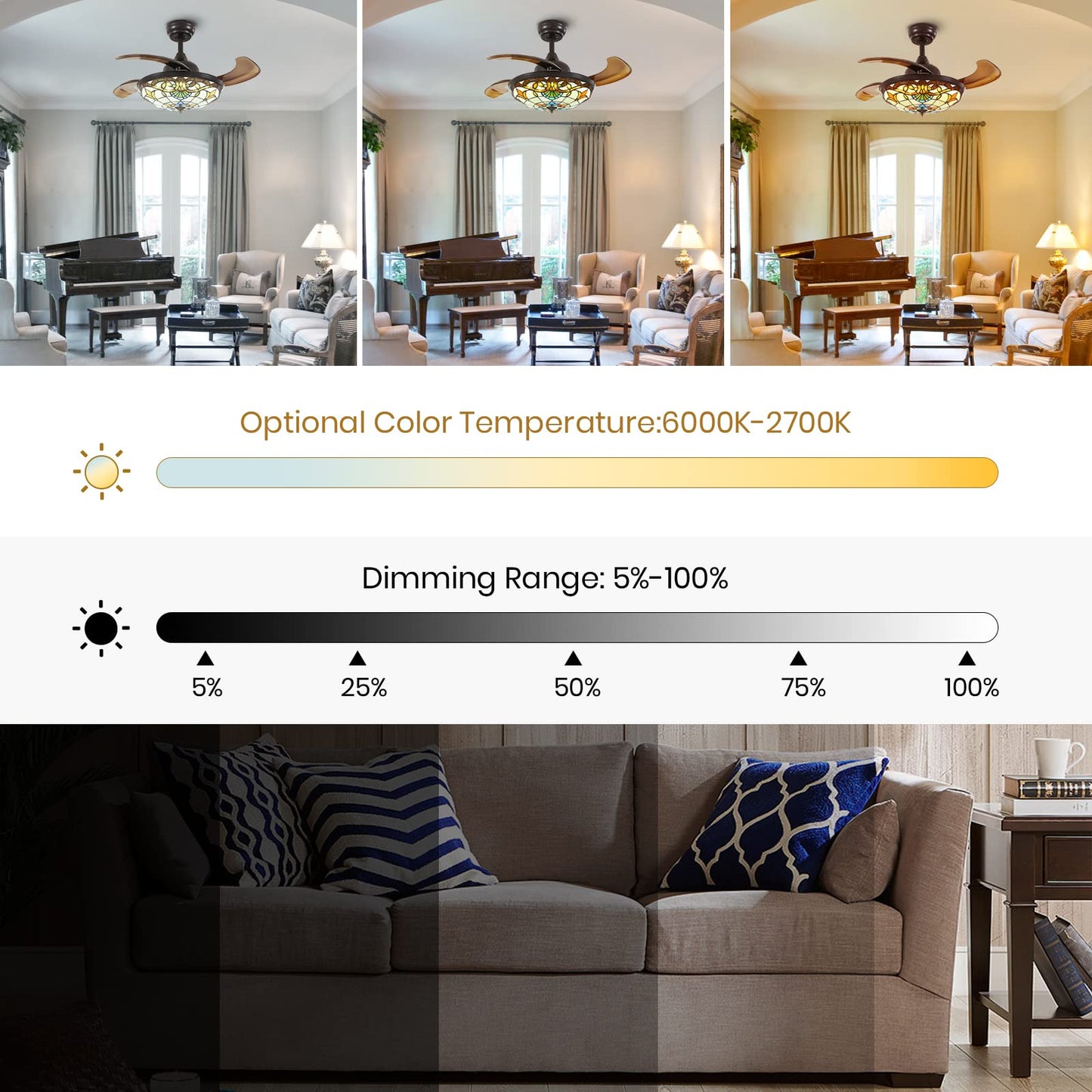 Siljoy 42 Tiffany Ceiling Fan Stained Glass Ceiling Fan Retractable Chandelier Ceiling Fans With Light Remote Control Dimmable W