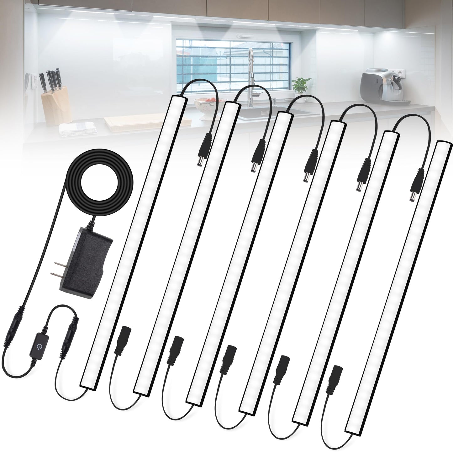 JUSJUBR 6 Pcs LED Under Cabinet Lighting Dimmable 12 Inch Black Shell Cold White 6000K