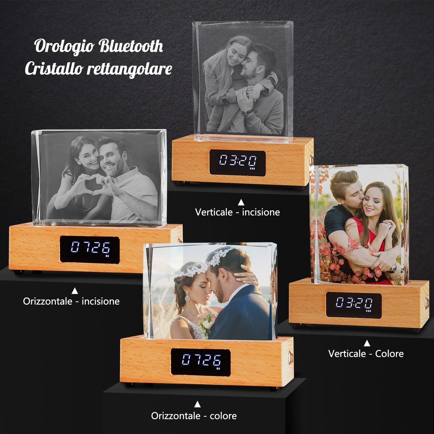 Crystal Print with Your Photo, Office Desk Decor Personalized Picture Gift Glass Clear Frame with Bluetooth Clock Colors LED Light Change Mood Light