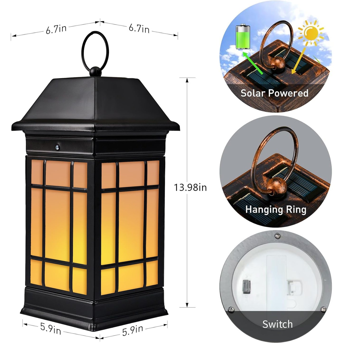 anyperfect Solar Lantern, 14in Hanging Metal Lantern, Waterproof Glass Flickering Flame, Black, Model DL02B
