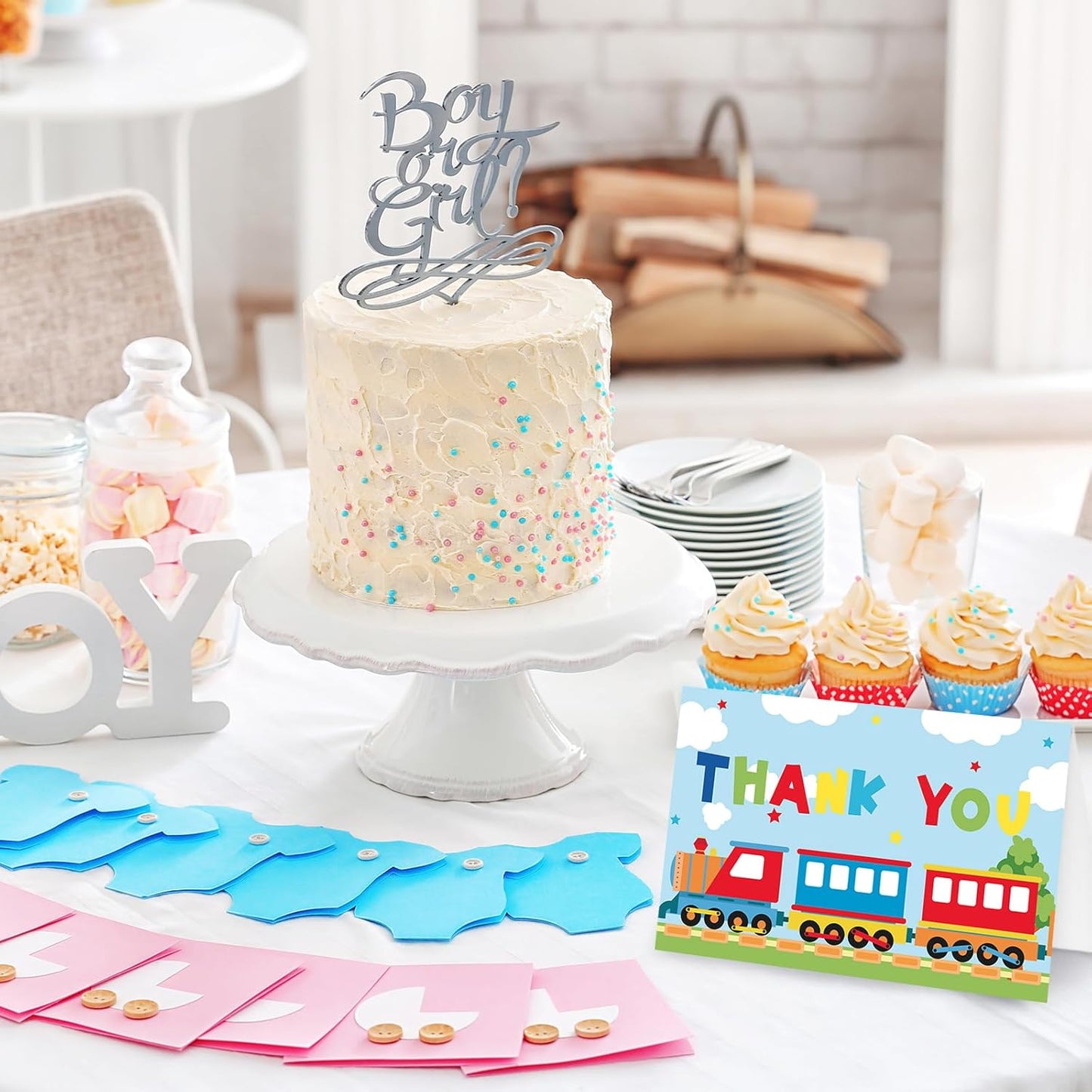 Whaline 24Pcs Cartoon Train Thank You Cards with Envelopes Stickers Blue Red Train Greeting Cards Blank Note Card for Birthday Baby Shower Party Supplies