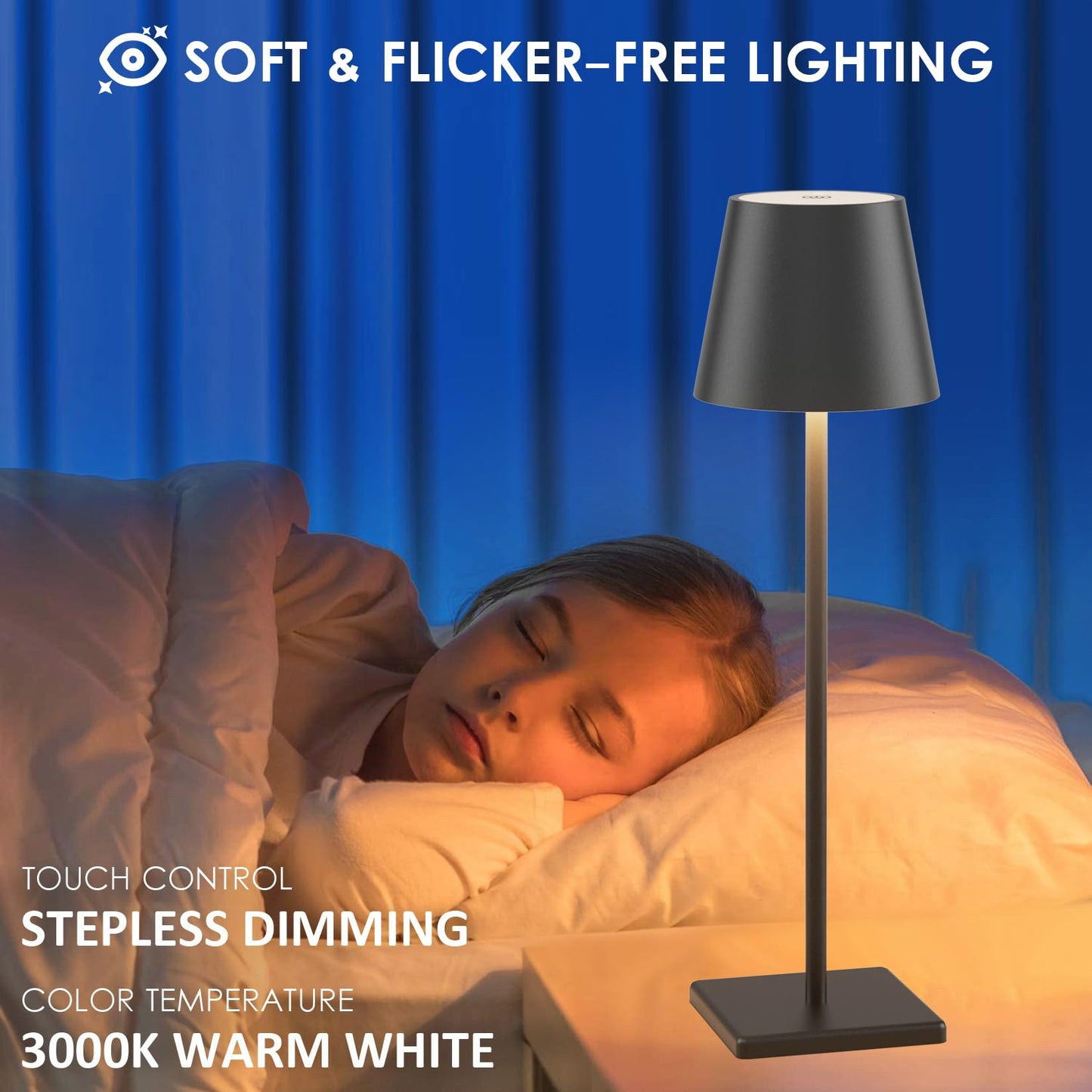 Aoceley LED Rechargeable Table Lamp, 4-Pack, 3W, 6000mAh, Stepless Dimming, Black, IP54 Waterproof, Model HT-010