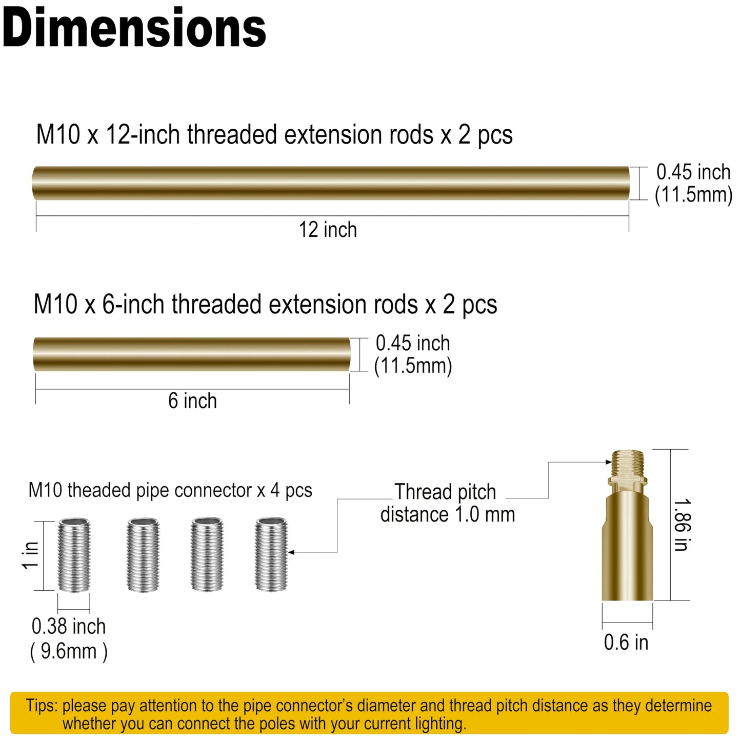 M10 Threaded Extension Poles Lighting Fixture Downrods Stems & 180 Degrees Sloped Ceiling Adapter Kits For Pendant Light  Island Lighting  Chandeliers (Brass)