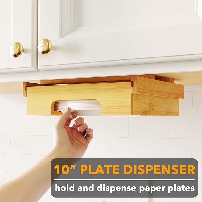 SpaceAid 10-inch Paper Plate Dispenser (Need 11.3 Inches Deep Cabinet Space) Under Cabinet Bamboo Plates Holder, Kitchen Vertical Dipensers Caddy, Bamboo