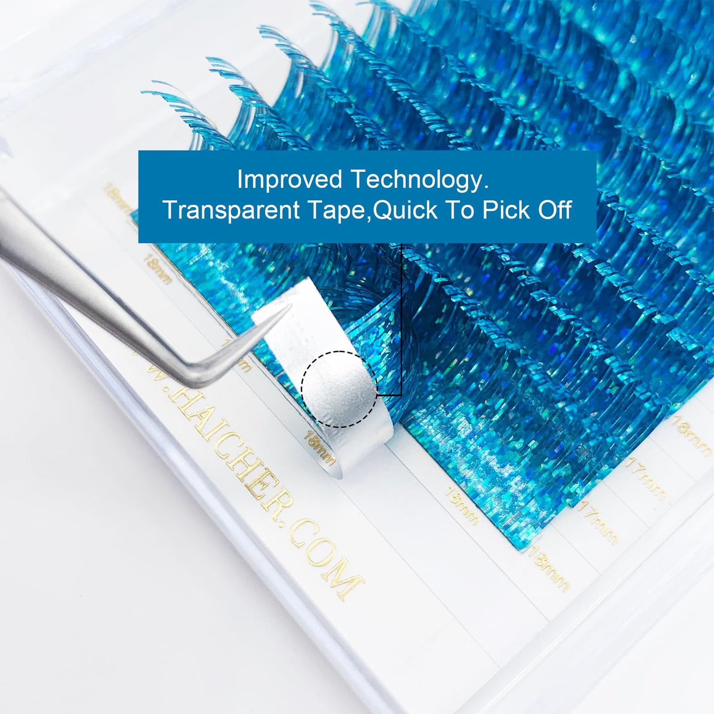 HAICHER Holographic Lash Tinsel, Colored Lash Extensions CC Curl 9-18mm Mixed Lash Trays (Blue, Volume)