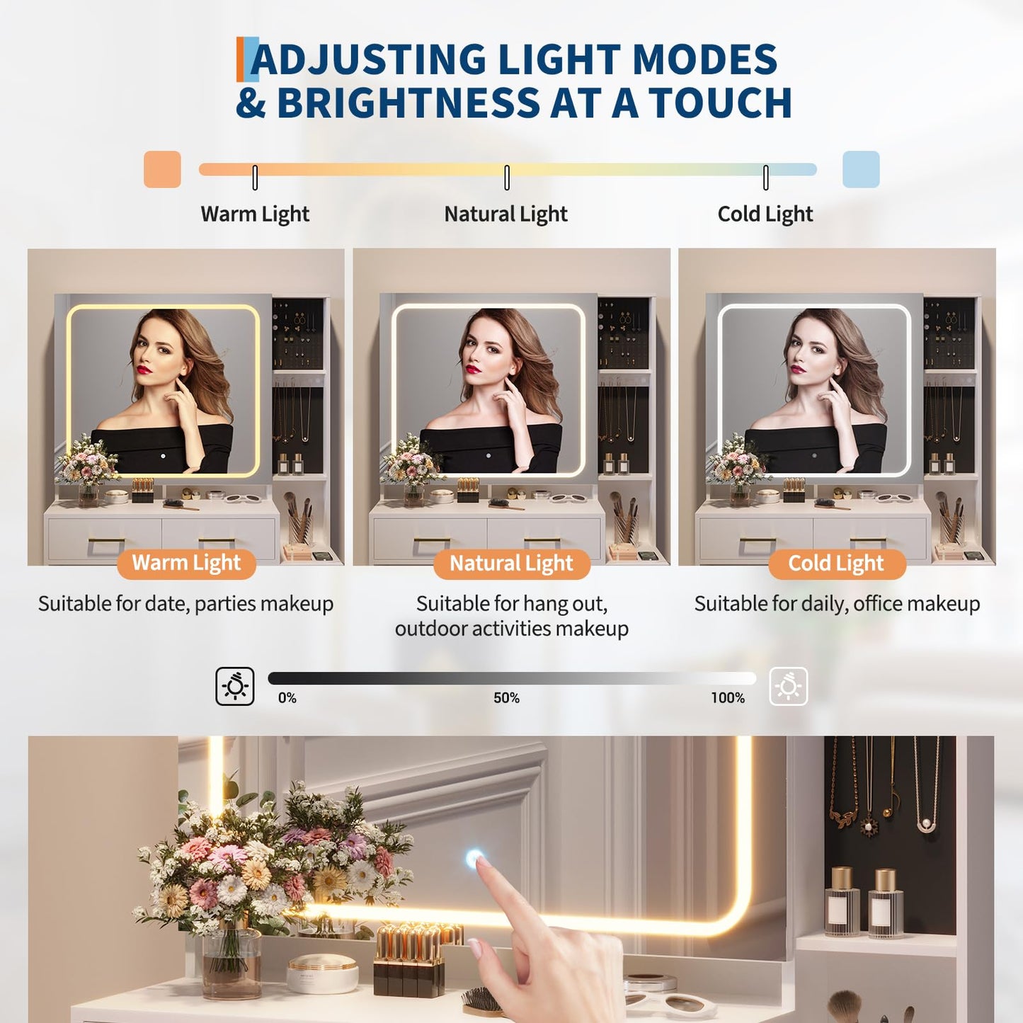 GlowSol Vanity Desk with Mirror and Lights, White Makeup Vanity with Jewelry Organizer, LED Glass Cabinet, 3 Light Modes, Power Outlet, 5 Drawers, Vanity Table Set with Padded Storage Stool