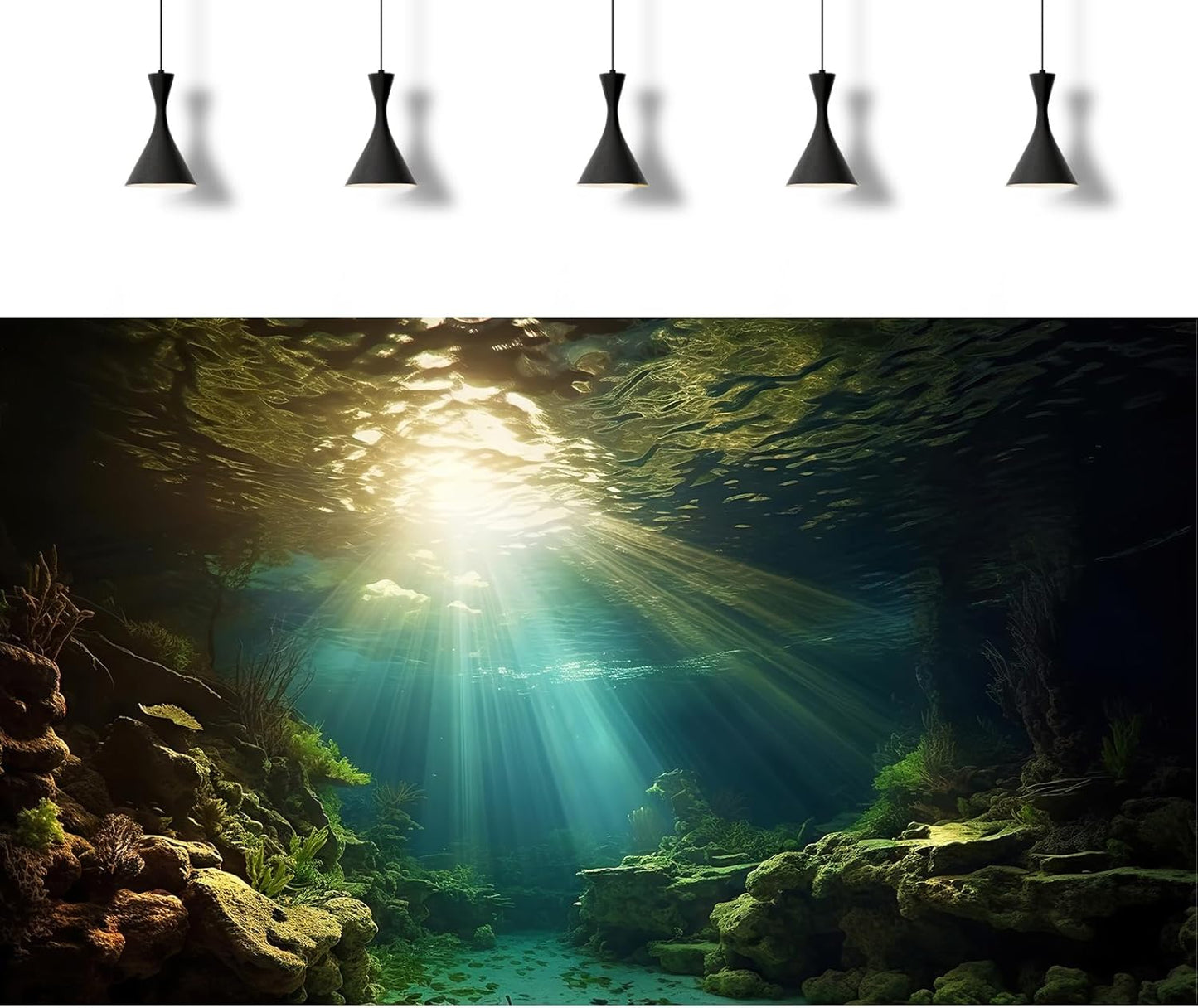 Fish Tank Background Under The Sea Aquarium Background Ocean Floor Sunray Rock Terrarium Backgrounds Coral Reef Aquatic Plants Underwater Cave Aquarium Wallpaper for Fish Tank Decorations 48x20in