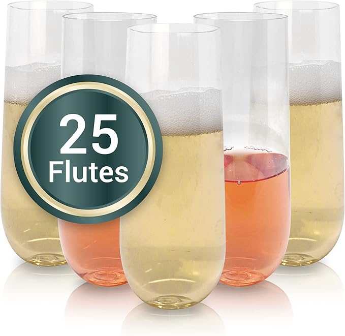 Reli. Champagne Flutes Plastic | 25 Pack | 9 oz - Clear | Stemless Premium Plastic Champagne Flutes | Party-Perfect for Ce...