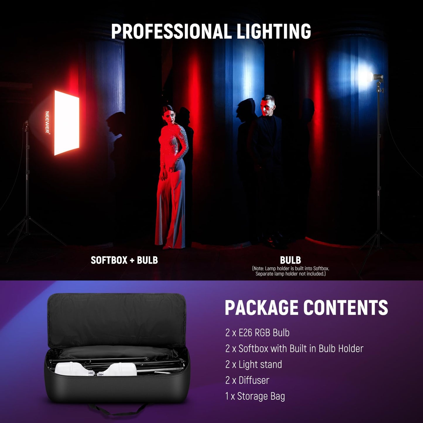 NEEWER RGB Softbox Lighting Kit with App Control & 9 Effect Modes, 2 Pack 26W FCC/IC/UL Certified LED Bulbs CRI93+ TLCI98+, E26 Porcelain Sockets, 24" Softboxes, for Studio Photography Lighting, NK800