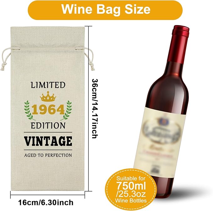 Sazuwu 60 Year Old Gifts Vintage 1964 Wine Bag 60th Birthday Gifts for Women Men Gifts for Someone Turning 60 Wine Bottle Decoration Bag Born in 1964 Gifts Wine Accessories Gifts for Wine Lovers