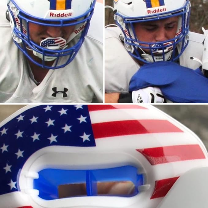 Oral Mart Flag Football Mouth Guard with 3D LipFit Design for Kids - Youth Tackle Football Mouthguard (No Boil) Cool Instant Fit Lip Guard Mouthpiece for Braces (Detachable Helmet Strap Included)
