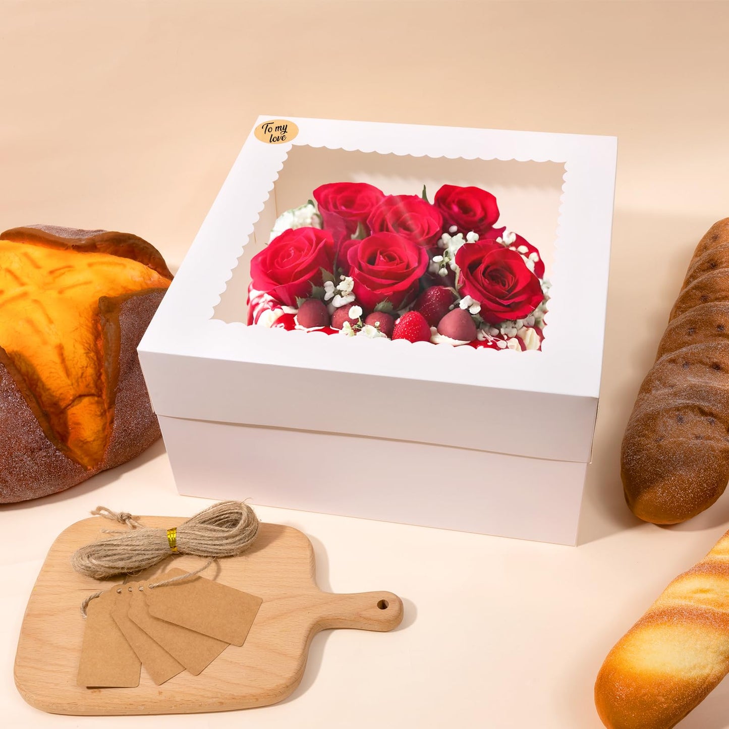 NEOACT 12x12x6 Bulk 4 Pcs Cake Boxes 12 Inch Square Cake Boxes with Window, Cake Containers with Lids, Disposable Bakery Boxes for Valentine's Day,Easter, Mother's Day, Cookies, Large Pastries
