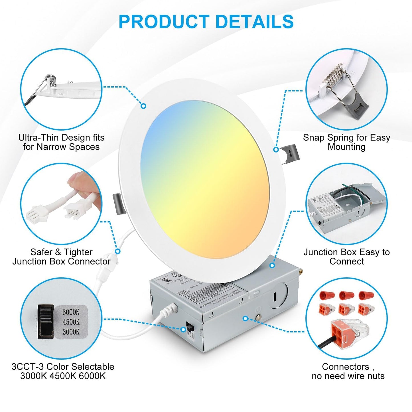 Elaruslux 12 Pack 7 Inch 3CCT Ultra-Thin LED Recessed Light with Junction Box, 3000K/4500K/6000K Selectable, 18W Eqv 125W, Dimmable Canless Downlight, 1600LM High Brightness