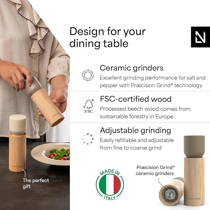 LARS NYSØM Wooden Salt and Pepper Grinder Set Manual - Salt and Pepper Mills with Adjustable Ceramic Grinder - Elegant Beechwood Pepper and Salt Mill Set for Dining Table (Taupe Brown)