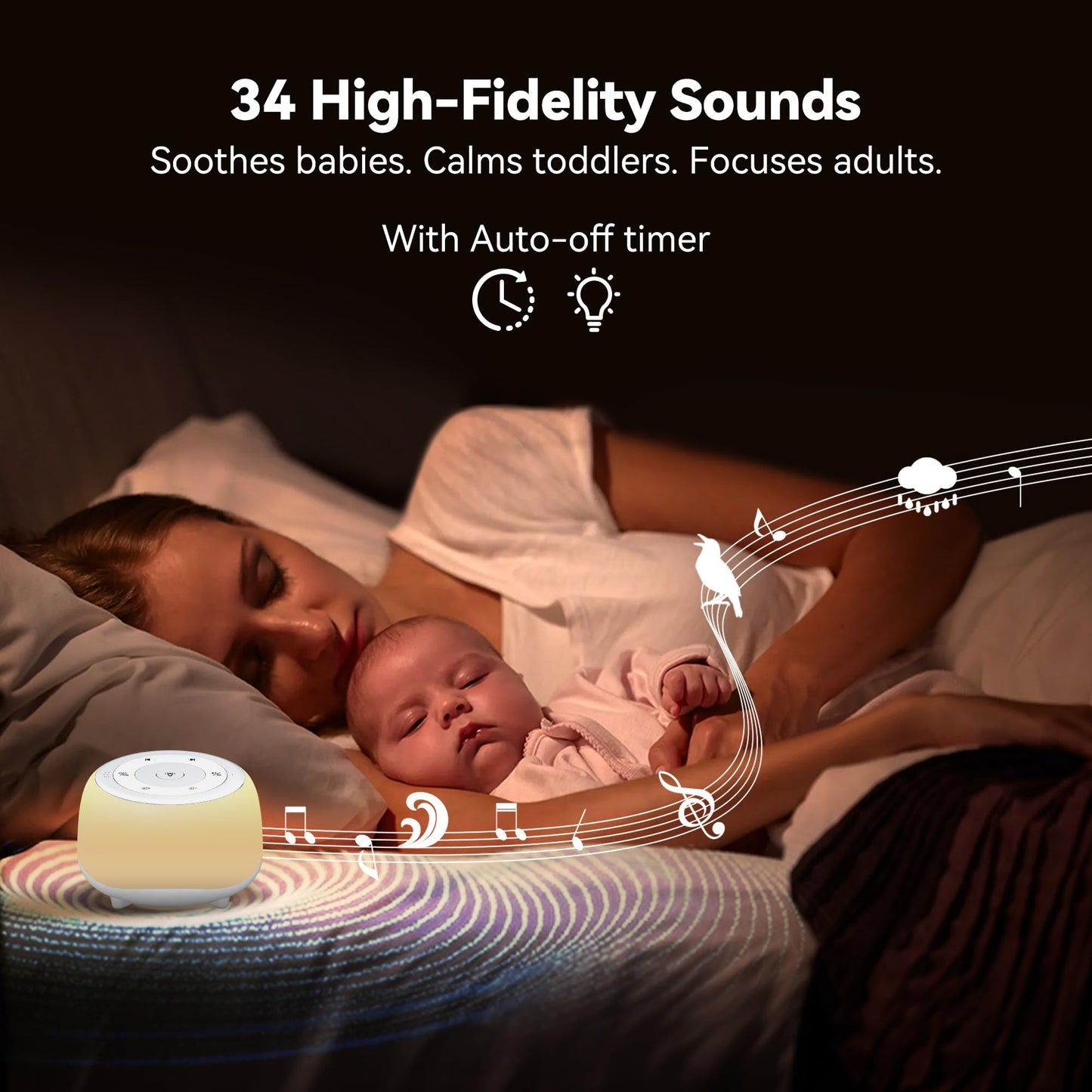 HEYAXA White Noise Sound Machine with 7 Colors Night Light 34 Soothing Sounds, Portable Sound Machine for Baby Adults Kids Sleep with 30 Volume Levels 4 Timers Adjustable Brightness (White)