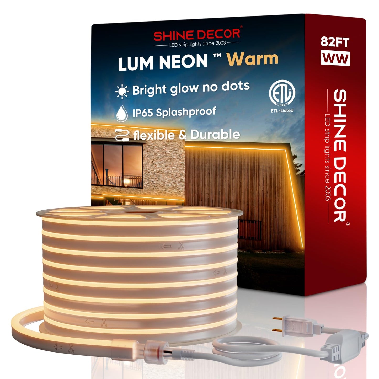Shine Decor LED Neon Rope Lights, 82FT Waterproof SMD2835, 2500K Warm White, AC110V-120V, Model CML-NWW-25M