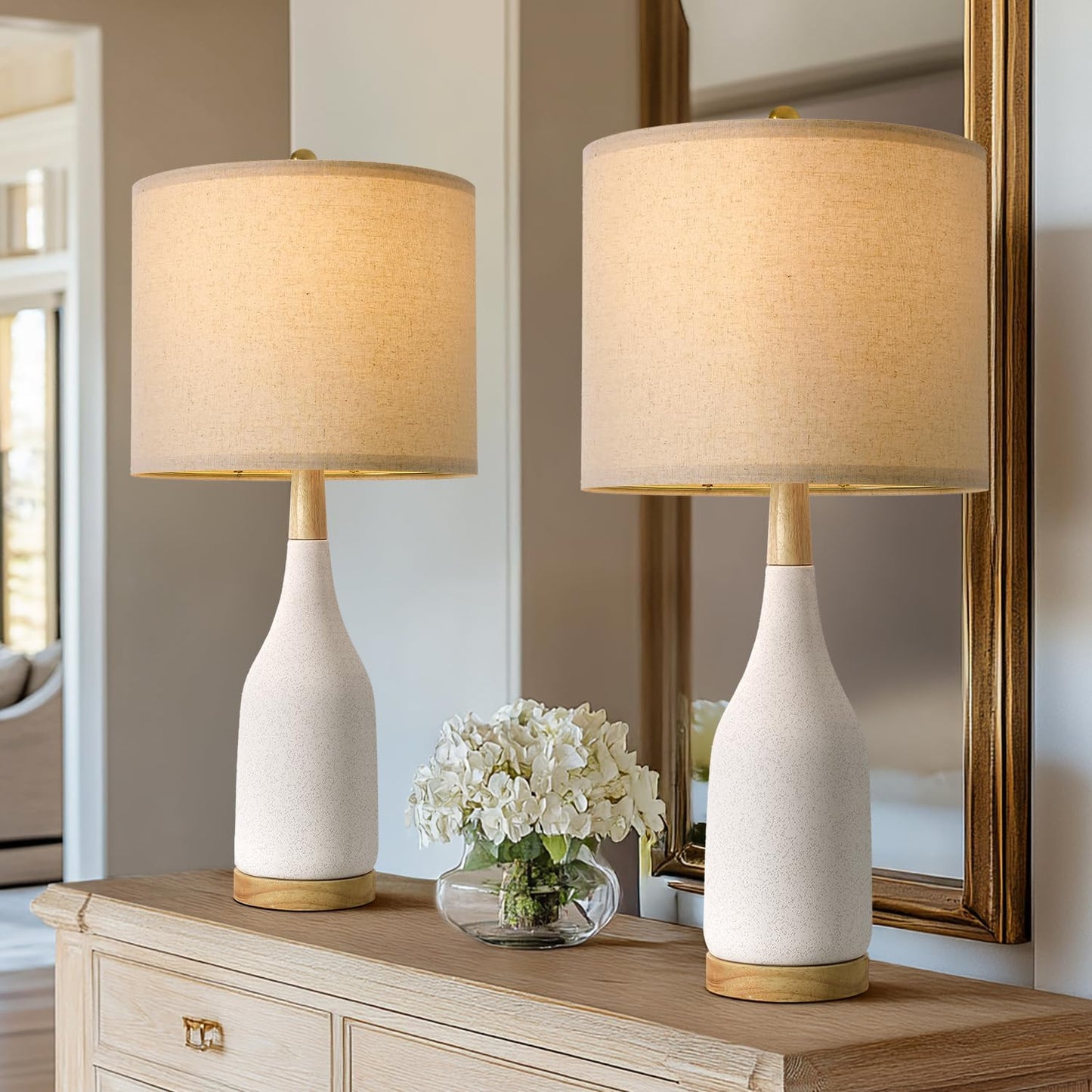 Portres 27 Ceramic Table Lamps For Bedroom Living Room Vintage Lamp Set Of 2 Bedside Nightstand Lamp Large Farmhouse Rustic Boho Retro Modern Table Lamp Light Home Office Desk Deco Gifts  White