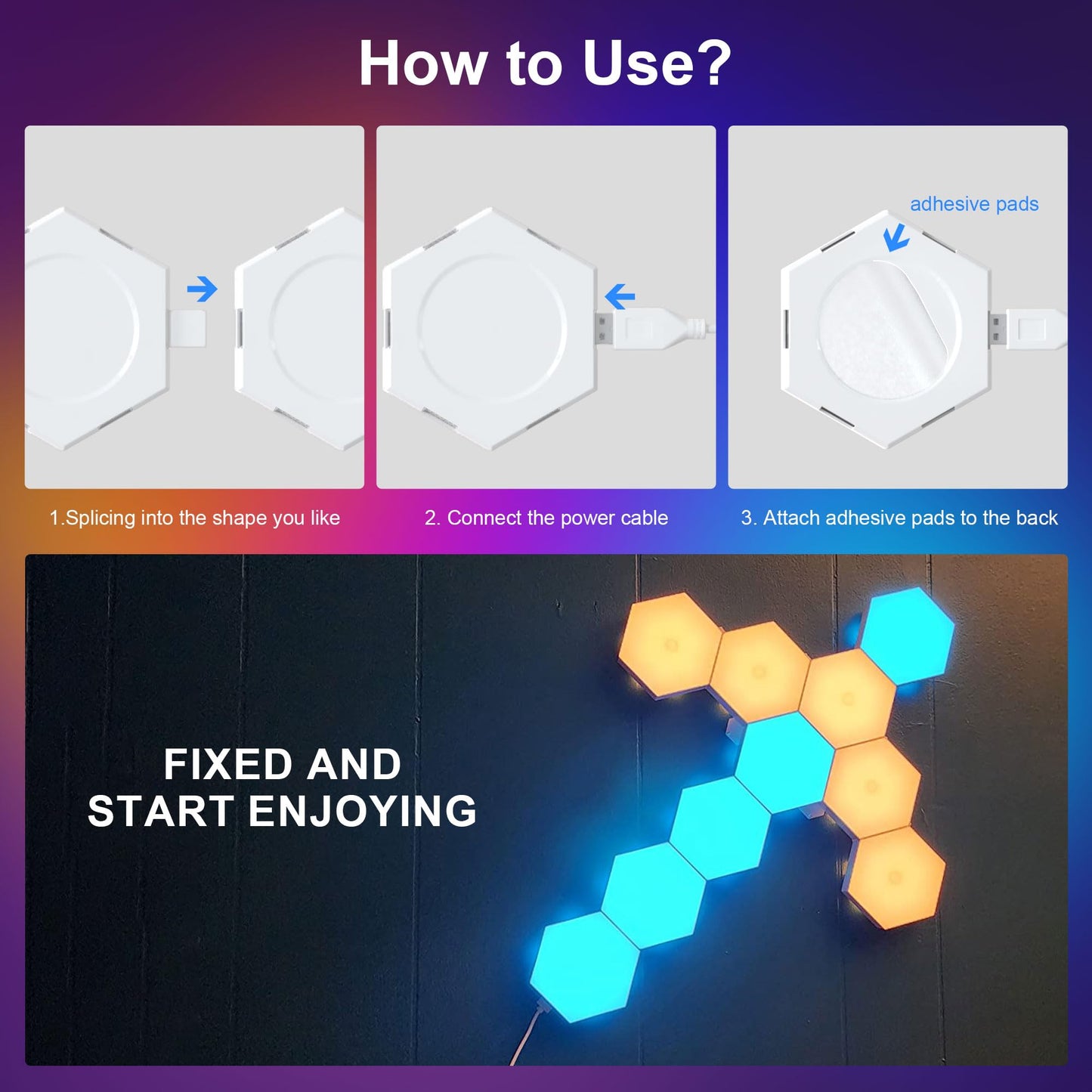 SLARY 10Pcs RGB Hexagon Light Panels LED Wall Lights, Smart Modular Gaming Lights Creative Wall Lights with APP, Cool DIY Honeycomb Shape Panels Hexagon Lights with Music Sync for Indoor Decor