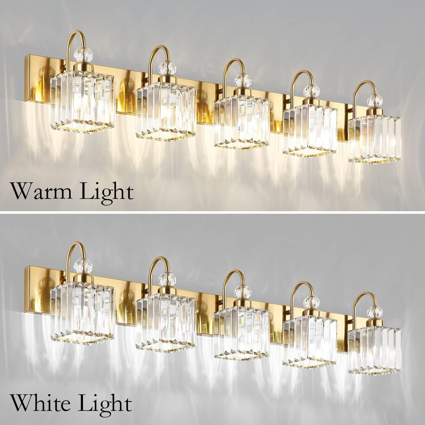 Ralbay Modern Gold Vanity Lights - 6-Light Gold Crystal Bathroom Vanity Lights Over Long Mirror