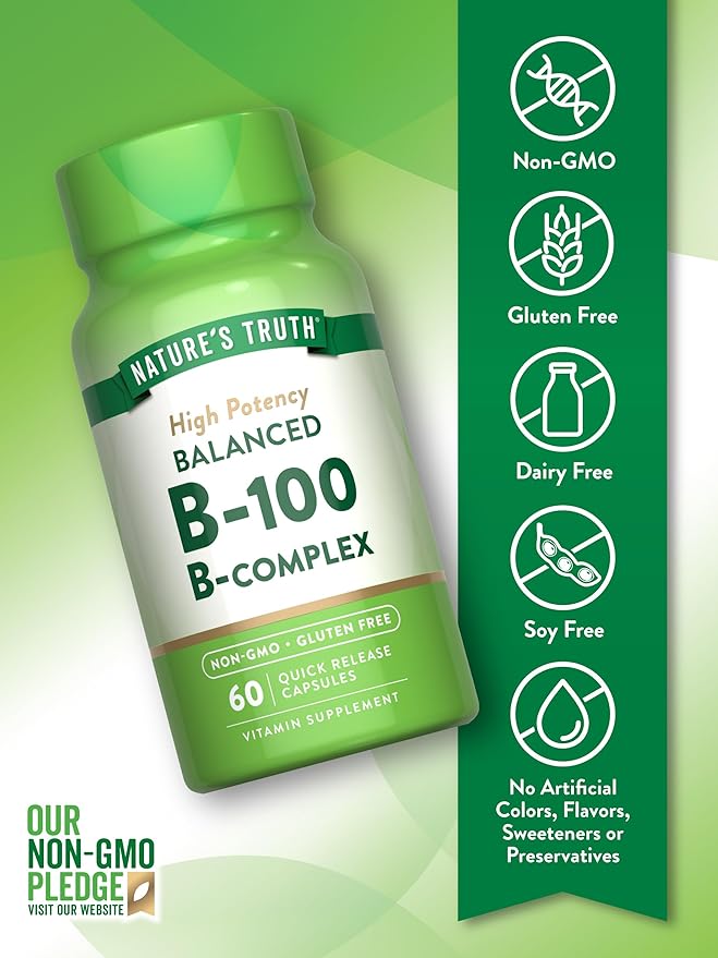 Nature's Truth Vitamin B Complex | 60 Capsules | High Potency B-100 | Non-GMO & Gluten Free Supplement