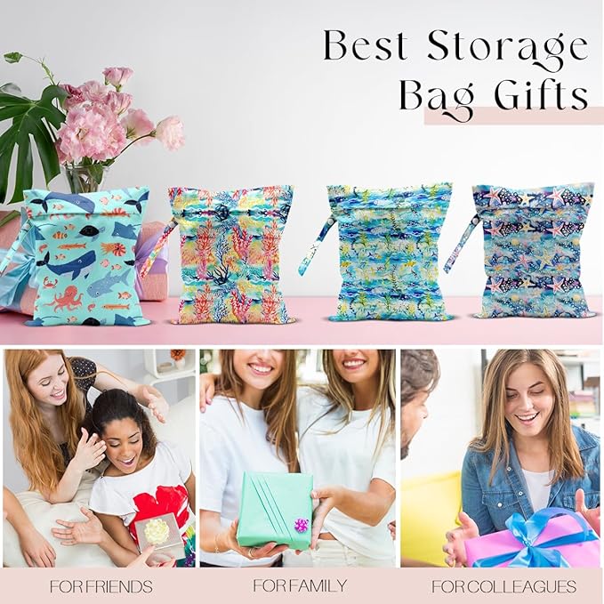 4 Pack Wet Bag for Swimsuit, Beach Travel Essentials Wet Dry Bag, for Sunscreen Toiletry Dirty Clothes Yoga Gym Diaper, Friend Summer Beach Vacation Gifts. Ocean Theme