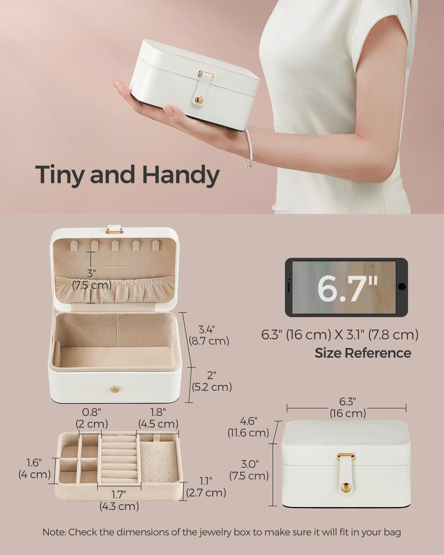 SONGMICS Jewelry Organizer Box, 2-Layer Travel Case for Earrings, Necklaces, Bracelets - Portable Jewelry Storage with Large Cap