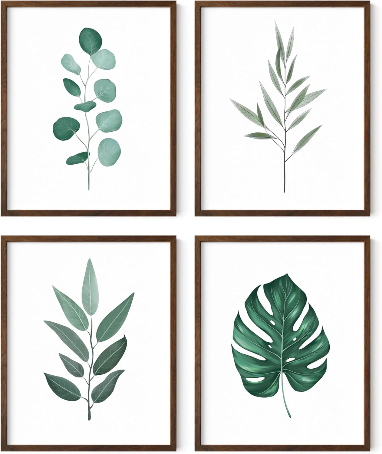 HAUS AND HUES Plant Wall Art - Botanical Prints, Green Wall Art Set, Plant Pictures, Leaves Paintings, Minimalist Sage Green Decor (8x10, Walnut Frame)
