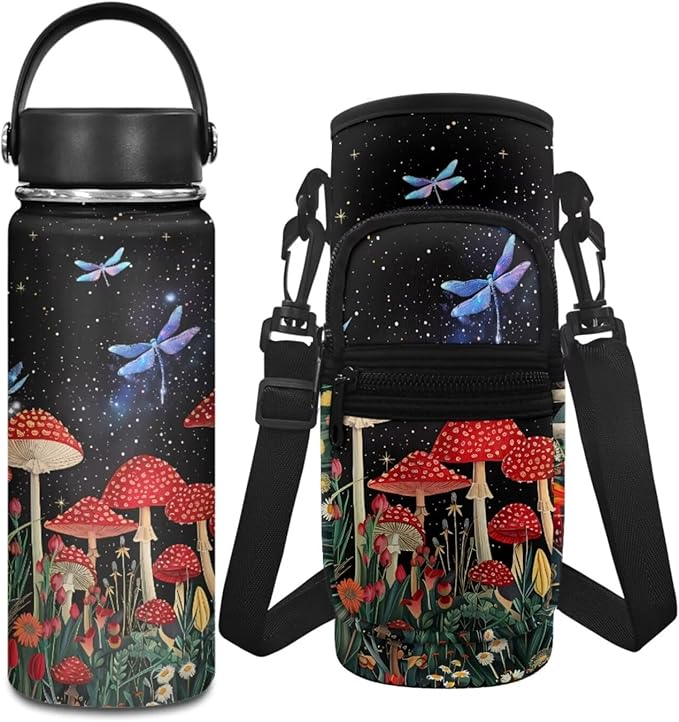 Mushroom 18 OZ Insulated Water Bottle Night Sky Stainless Steel Water Bottle for Girls 10-12 Water Bottle Carrier Bag with Phone Pocket
