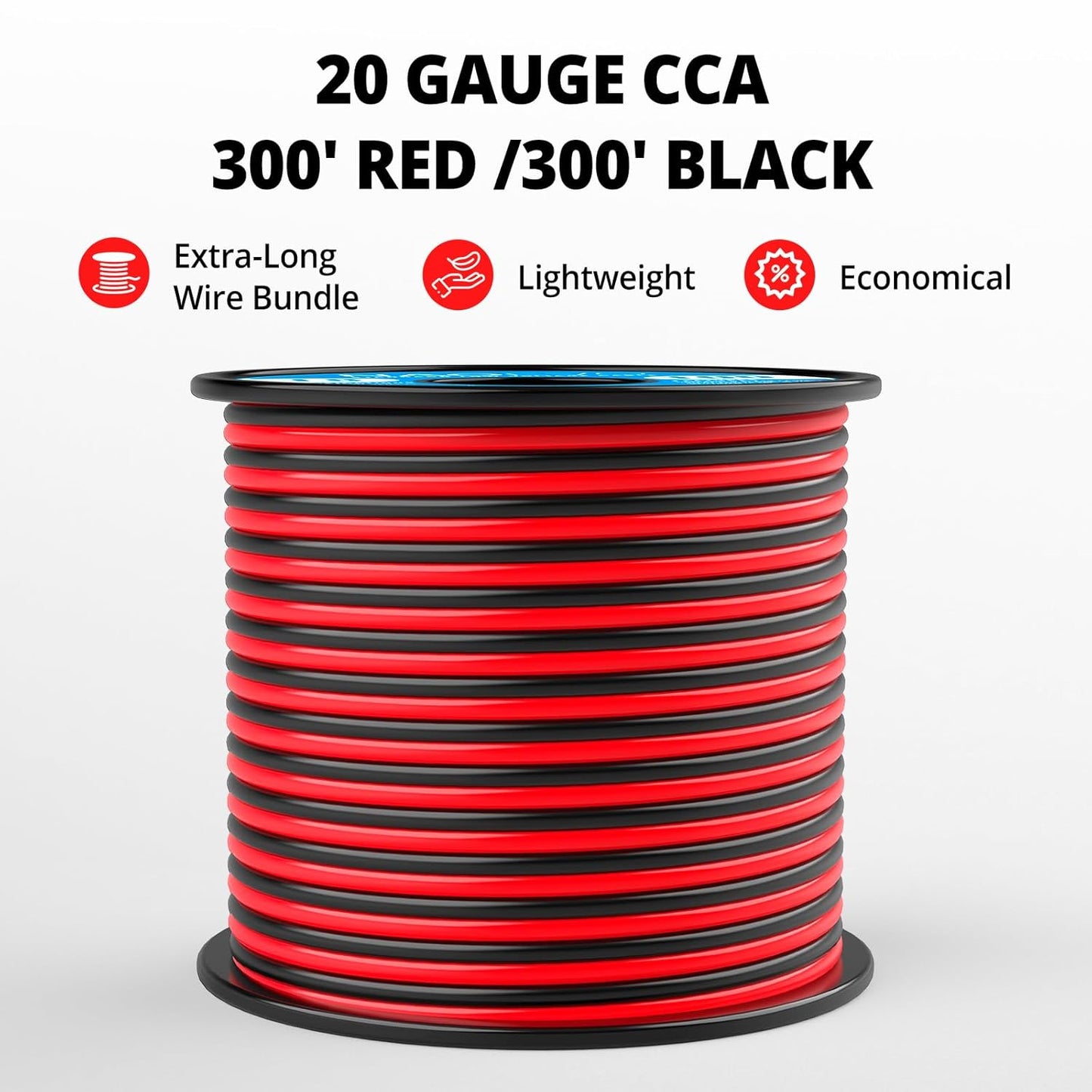 NAOEVO 20 Gauge Wire 300FT, 2 Conductors Electrical Wire Red Black Cable, Flexible/Low Voltage/PVC 20 AWG Copper Clad Aluminum Extension Cord for Speaker, LED Strips, Automotive 12V/24V DC