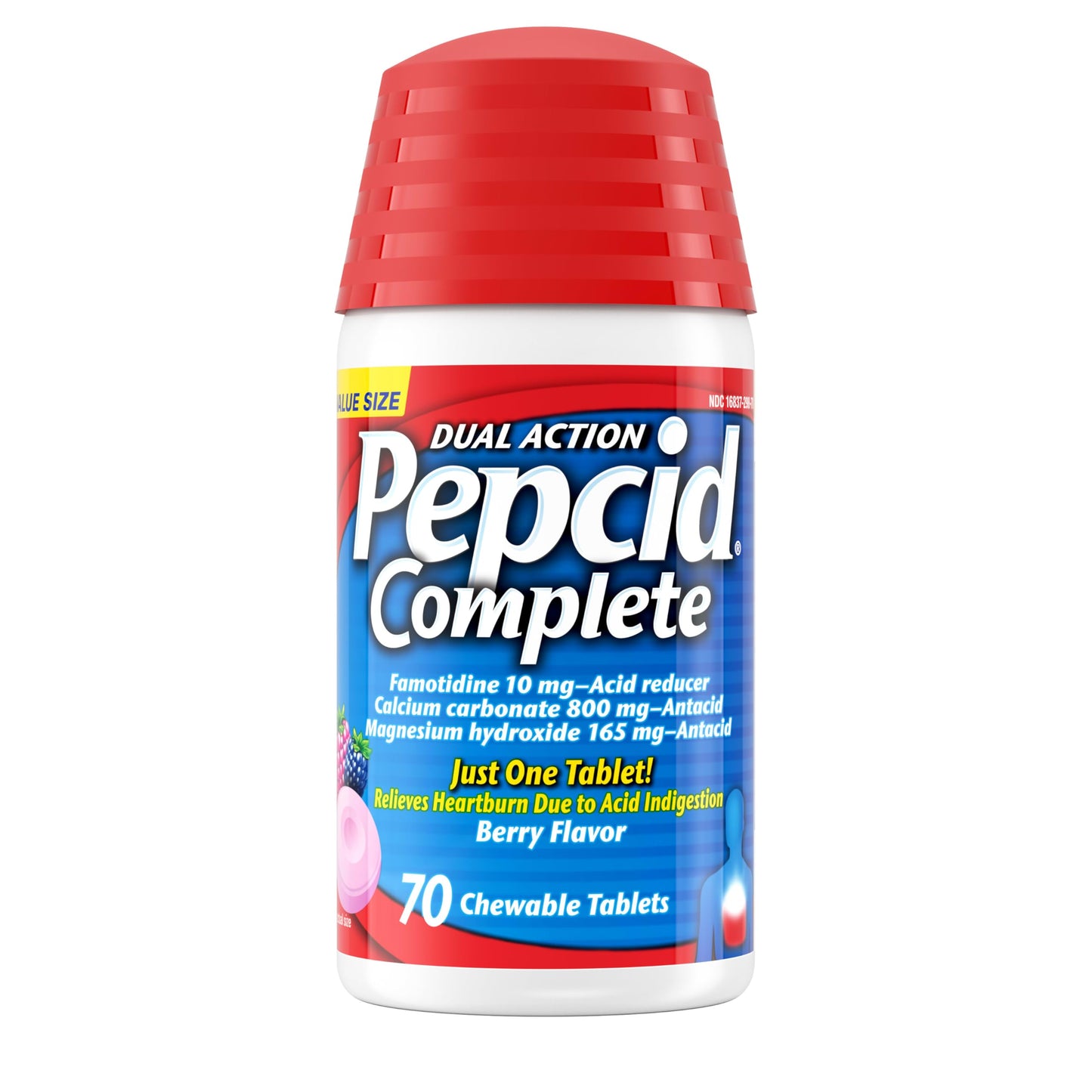 Pepcid Complete Acid Reducer + Antacid Chewables, 10mg Famotidine, 800mg Calcium Carbonate & 165mg Magnesium Hydroxide per Heartburn Medicine Tablet, Berry Flavored, 70 ct